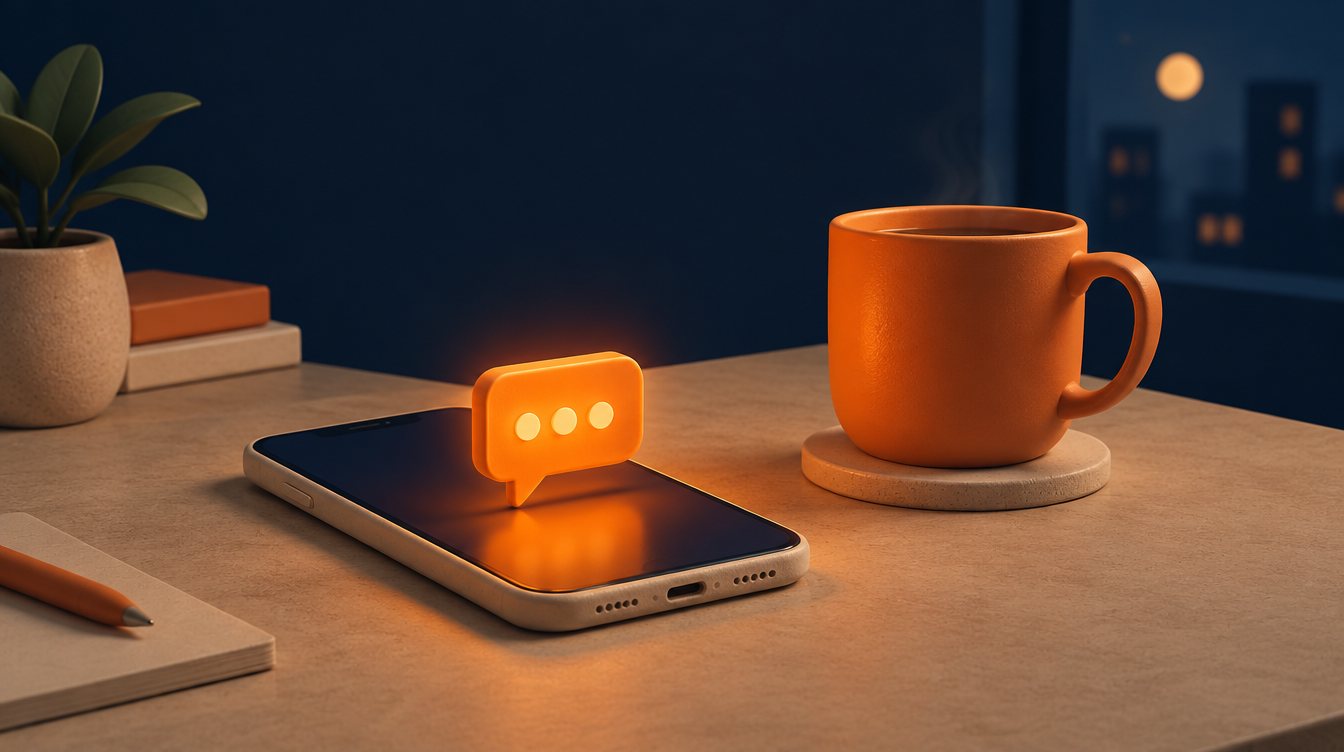 A phone lighting up with a reply at night