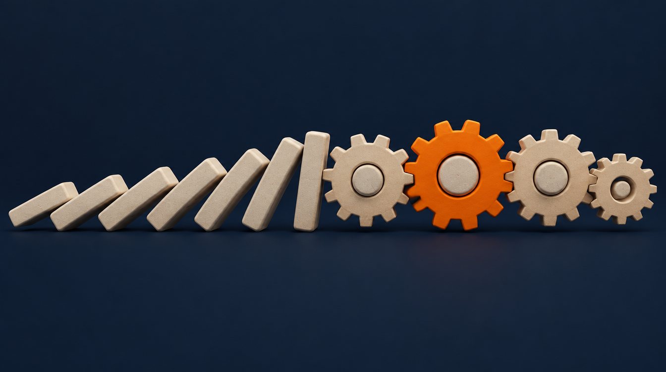 Dominoes becoming a chain of gears