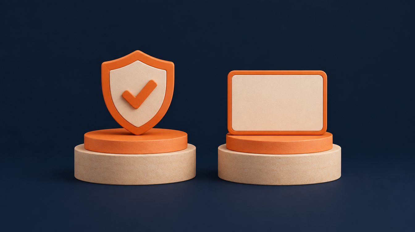 Two podiums: a shield badge and a text ad card