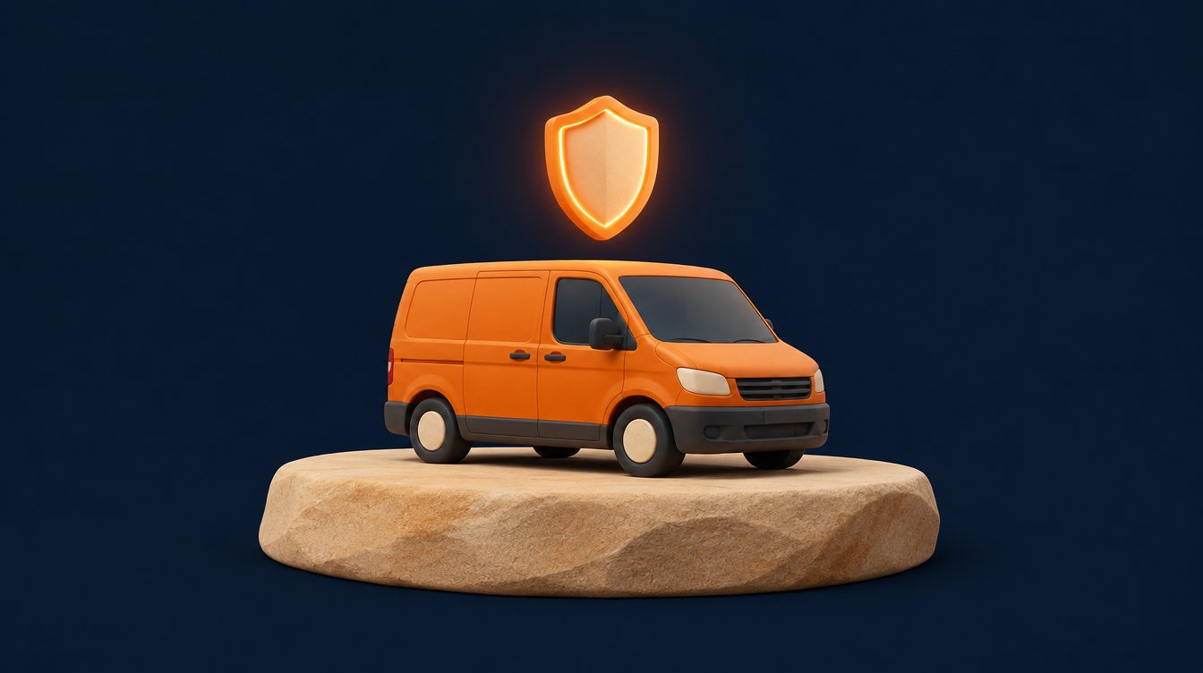 A work van with a badge floating above it