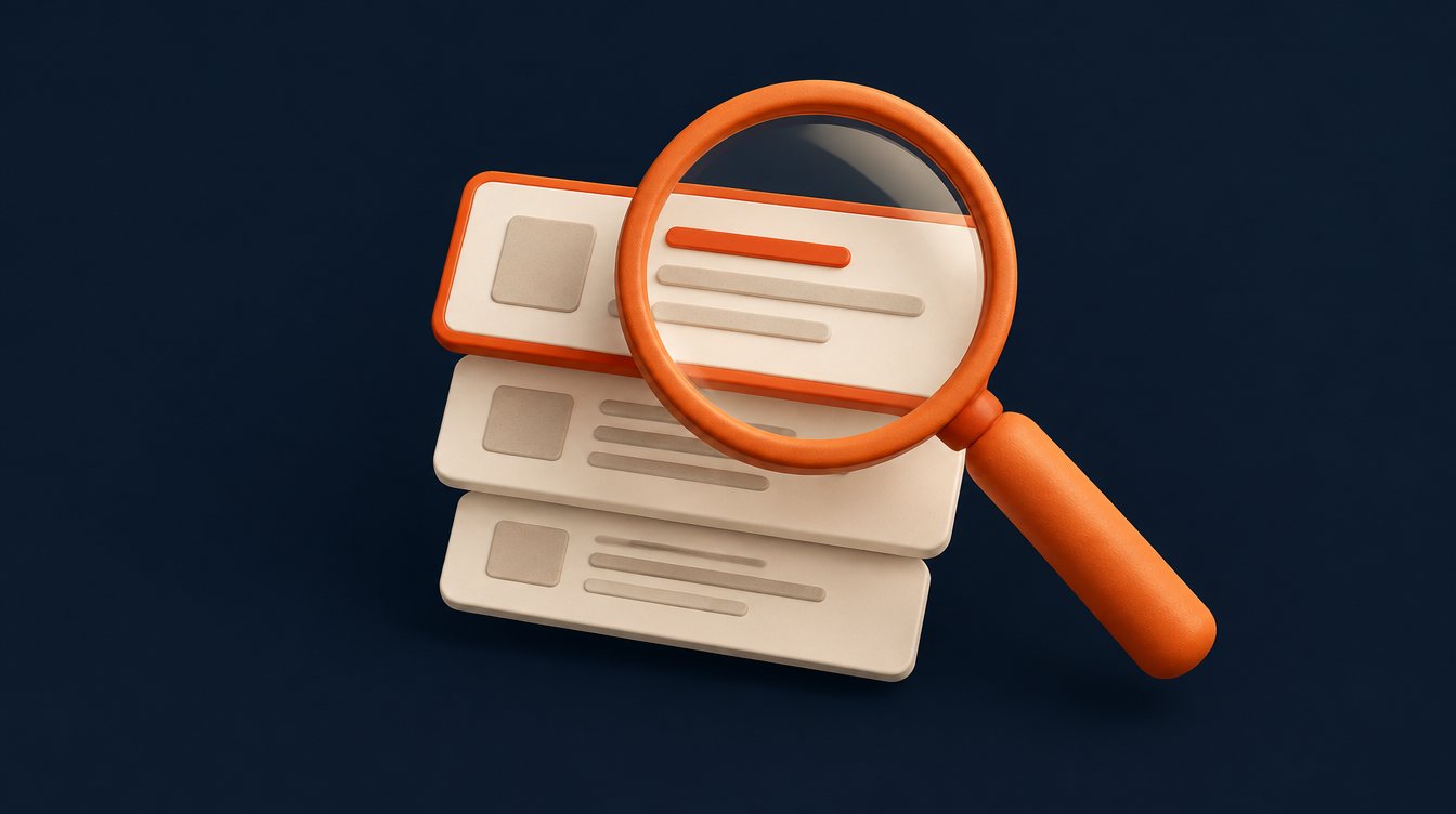 Magnifying glass over search result cards