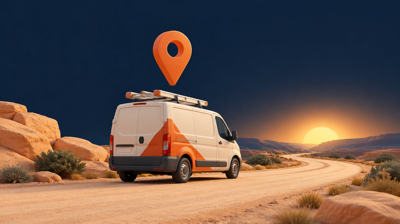 A technician van at sunrise under a map pin