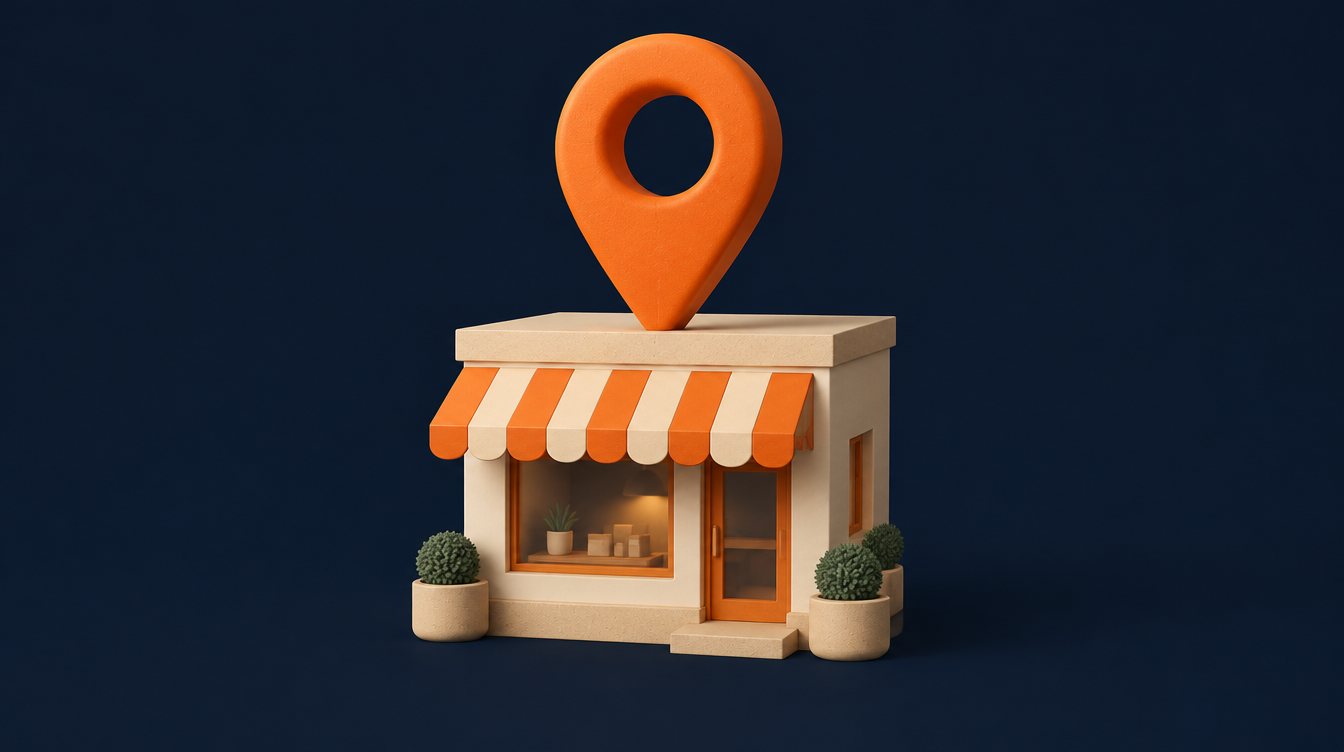 A giant map pin on a storefront roof