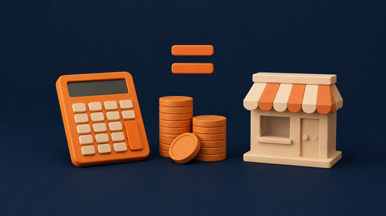 A calculator, coins and a storefront figurine