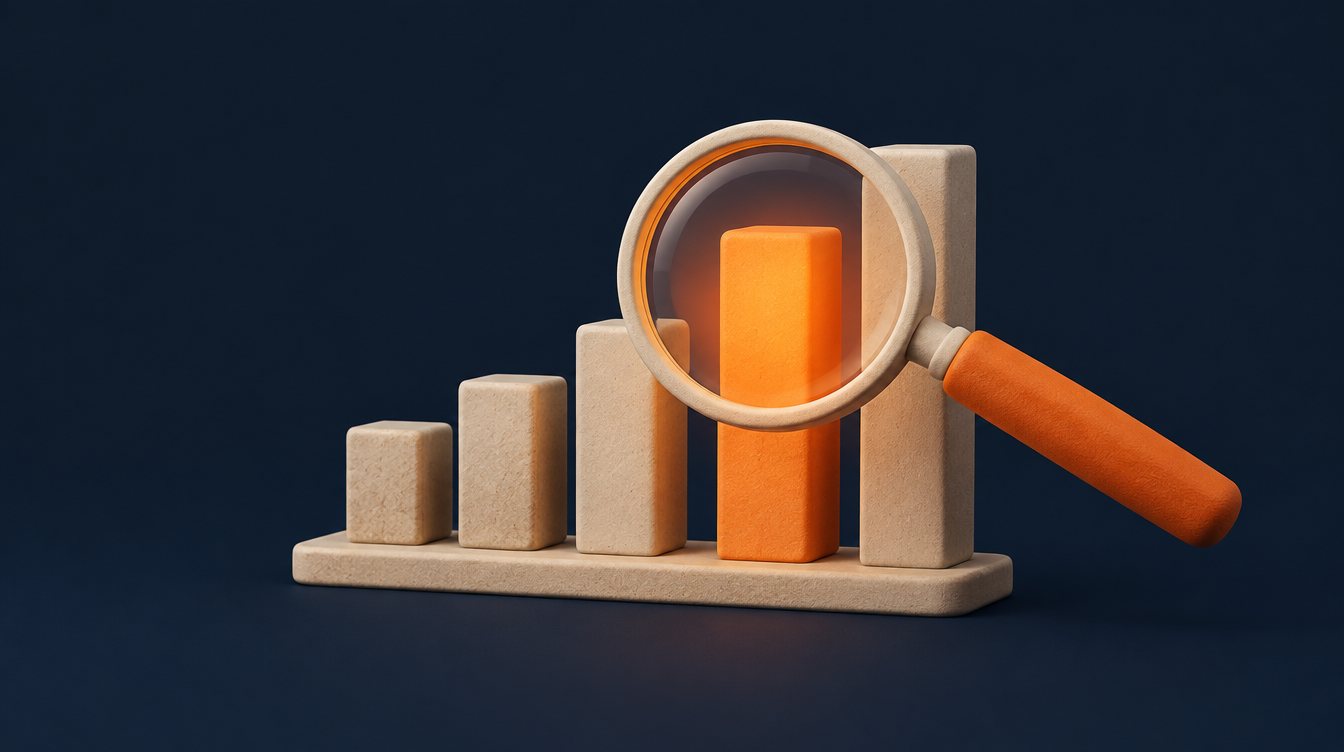 A magnifying glass over a bar chart