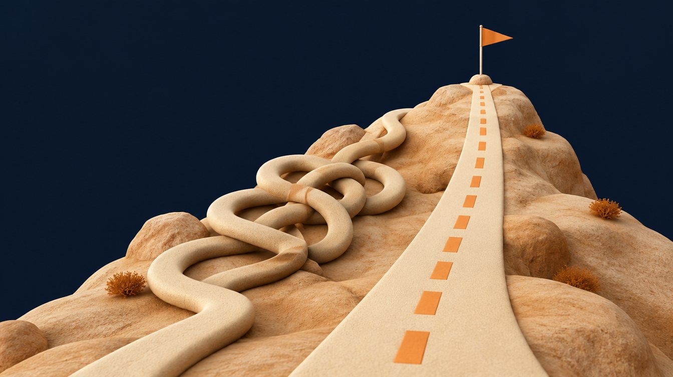 Two paths to a flag, one tangled, one straight