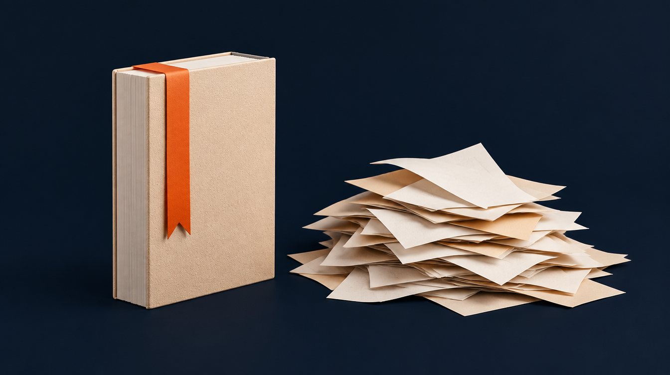 One thick document beside a heap of thin pages