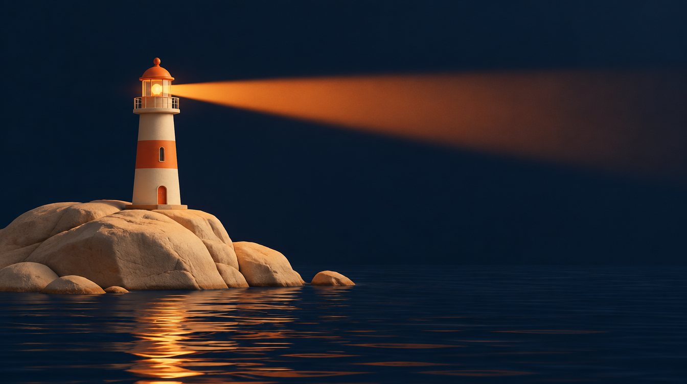 A lighthouse casting a beam across dark water