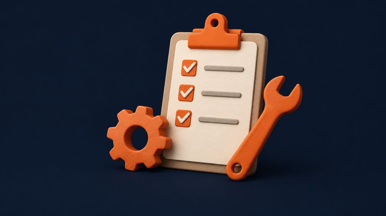 A checklist with a gear and wrench