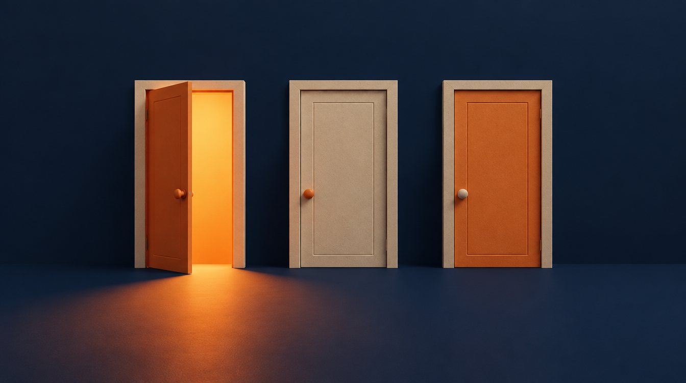 Three doors, the first one open and lit