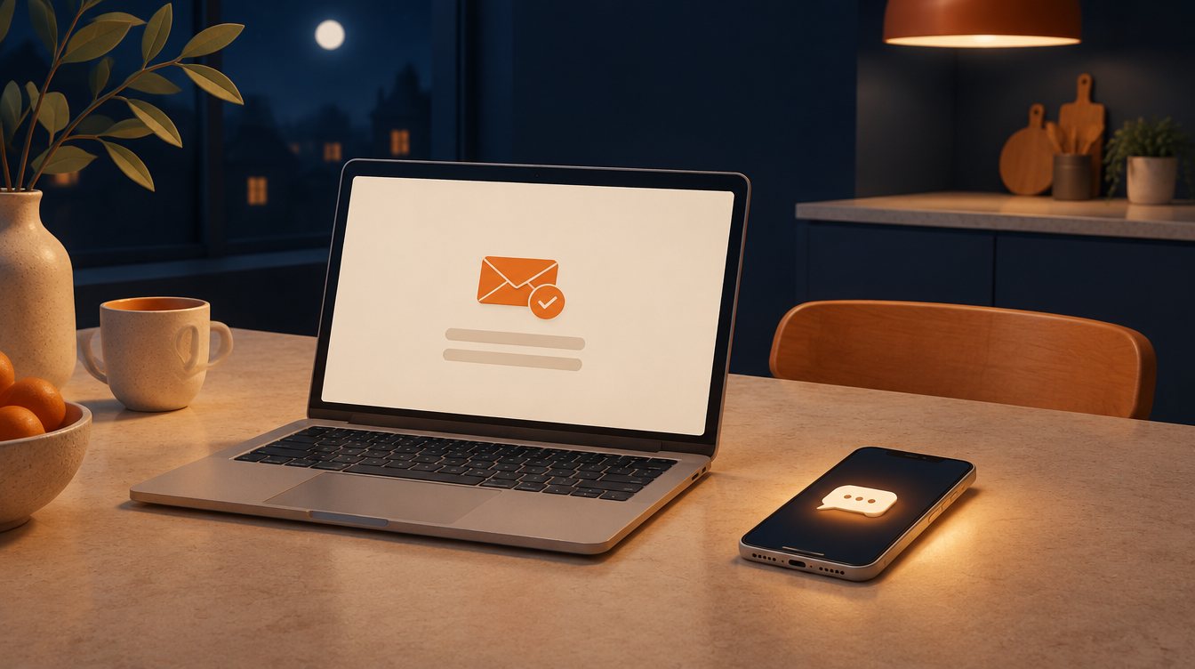 Laptop with a sent form and a phone with a reply