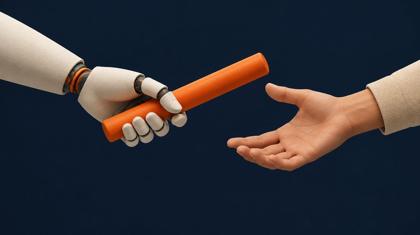 Robotic hand passing a baton to a human hand