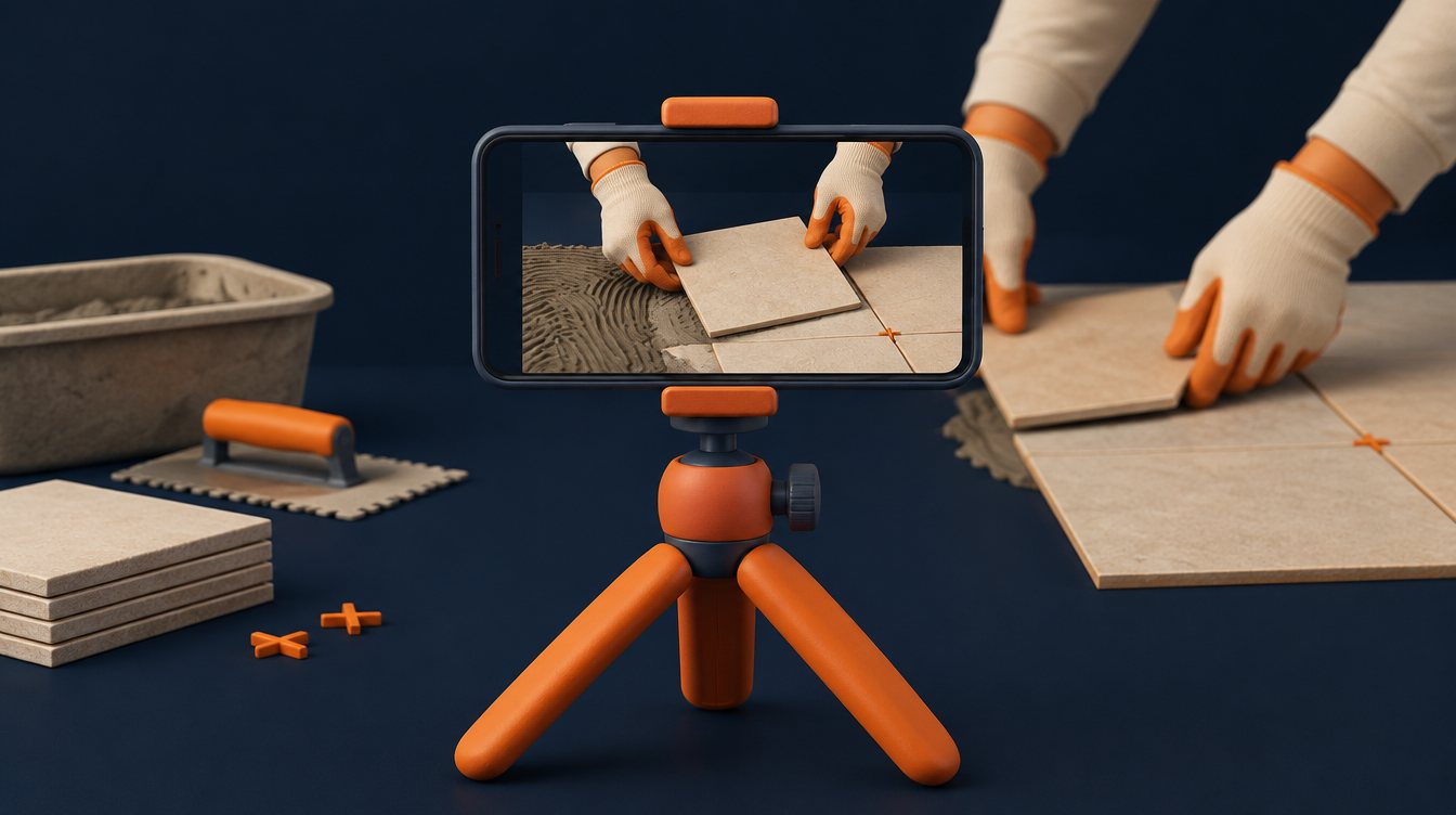 A phone on a tripod filming hands laying tile