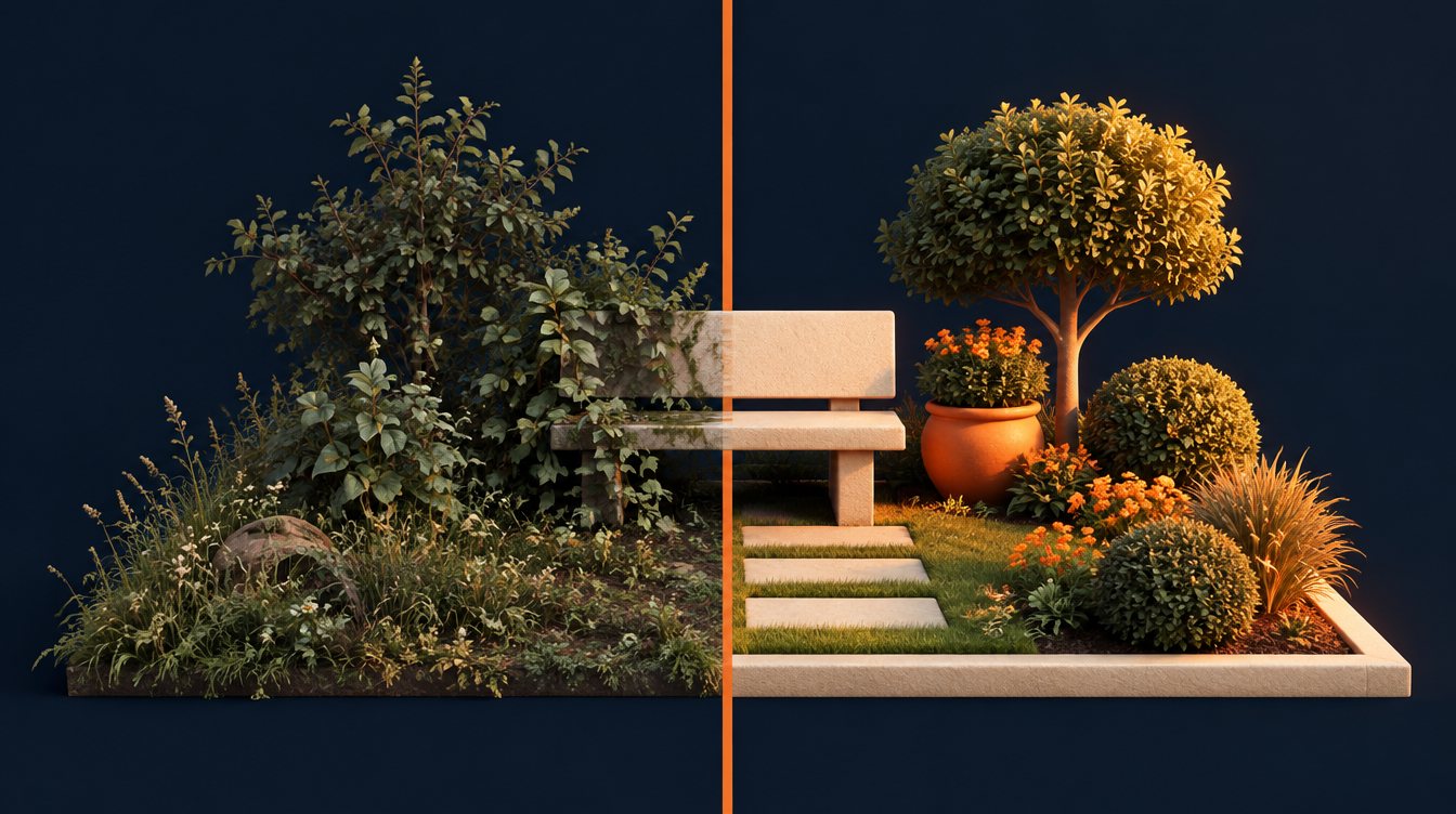 A garden, overgrown on one side and trimmed on the other