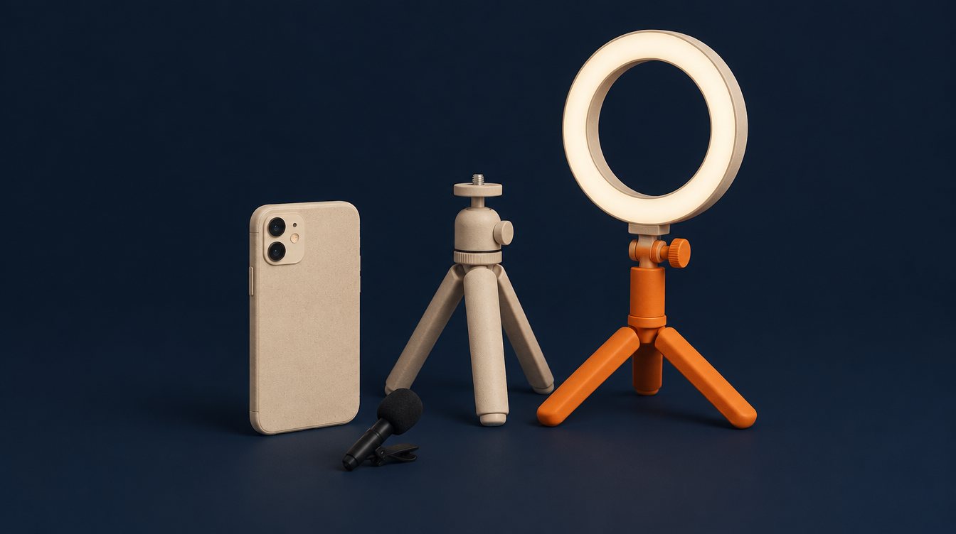 A phone, lapel mic, mini tripod and ring light