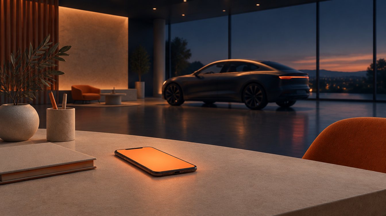 A quiet showroom at dusk with a phone glowing