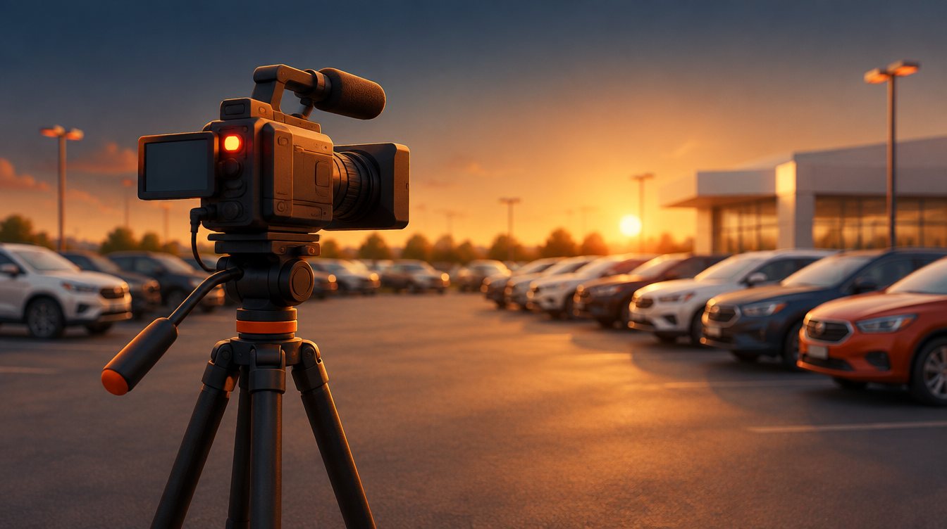 A video camera on a dealership lot at golden hour