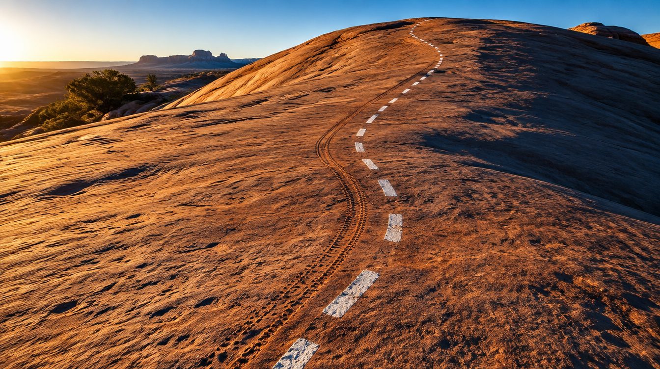 Painted white trail dashes curving over smooth Moab slickrock at low sun
